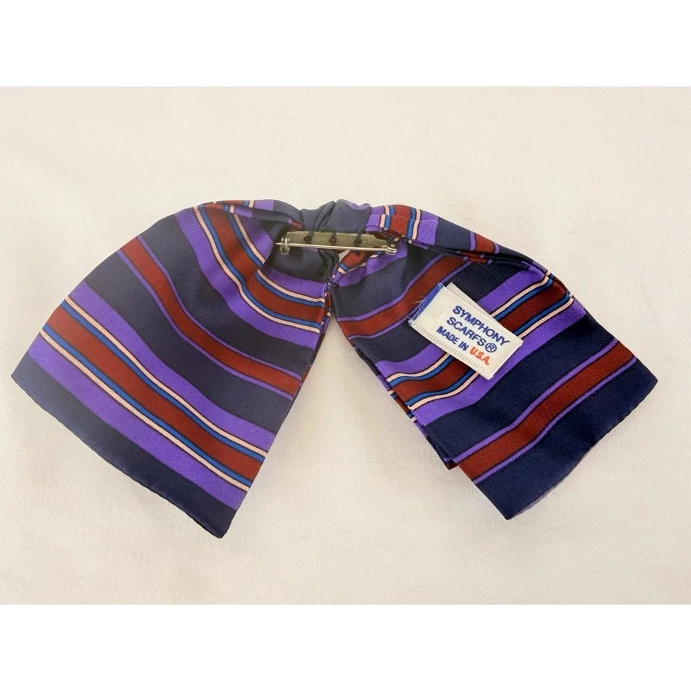 Vintage Symphony Scarfs Silk Bow Brooch Pin 70s Purple Stripe‎ Secretary USA
